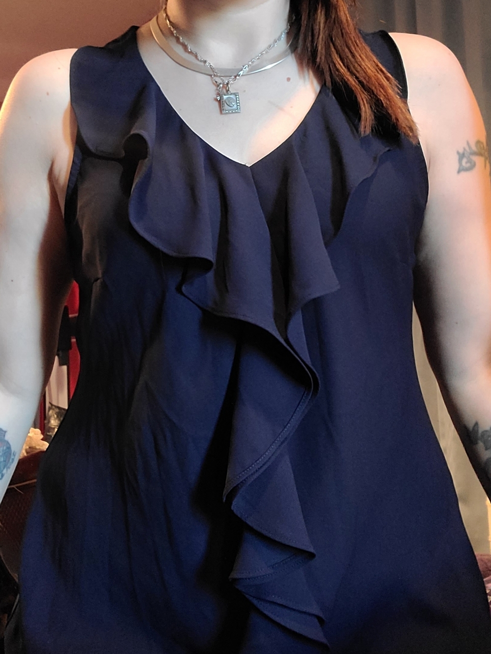 Navy Ruffle V-Neck Sleeveless Blouse